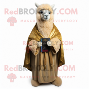 Gold Alpaca mascot costume character dressed with a Vest and Shawl pins