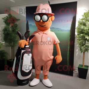 Peach Golf Bag mascot costume character dressed with a V-Neck Tee and Eyeglasses