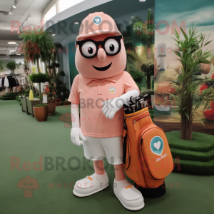 Peach Golf Bag mascot costume character dressed with a V-Neck Tee and Eyeglasses