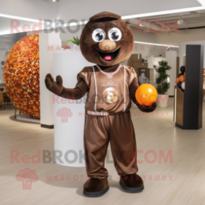 Brown Juggle mascot costume character dressed with a Jumpsuit and Necklaces