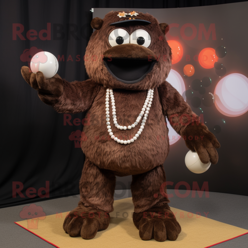 Brown Juggle mascot costume character dressed with a Jumpsuit and Necklaces Brown Juggle mascot costume character dressed with a Jumpsuit and Necklaces