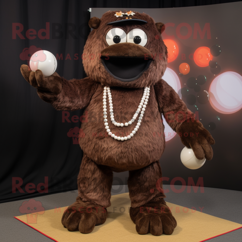 Brown Juggle mascot costume character dressed with a Jumpsuit and Necklaces