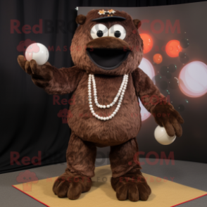 Brown Juggle mascot costume character dressed with a Jumpsuit and Necklaces