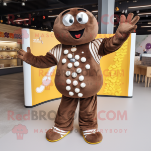 Brown Juggle mascot costume character dressed with a Jumpsuit and Necklaces