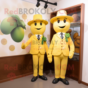 Yellow Grape mascot costume character dressed with a Suit and Hats