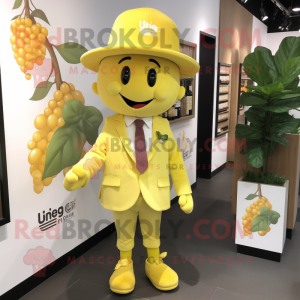 Yellow Grape mascot costume character dressed with a Suit and Hats