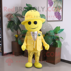 Yellow Grape mascot costume character dressed with a Suit and Hats