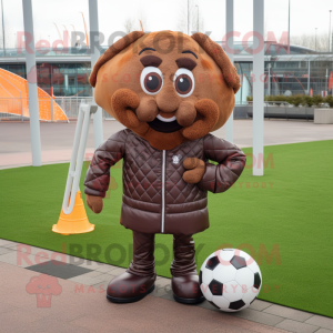 Brown Soccer Goal mascot costume character dressed with a Leather Jacket and Shoe laces