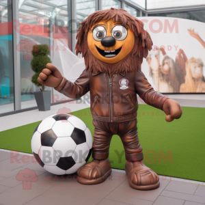 Brown Soccer Goal mascot costume character dressed with a Leather Jacket and Shoe laces