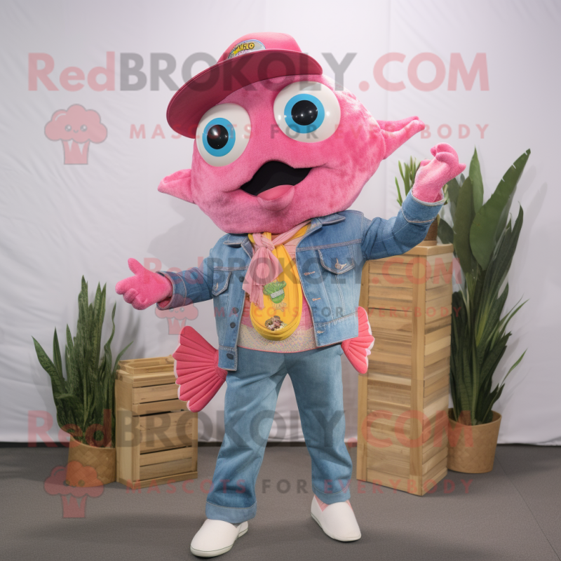 Pink Fish Tacos mascot costume character dressed with a Chambray Shirt and Clutch bags