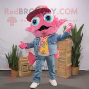 Pink Fish Tacos mascot costume character dressed with a Chambray Shirt and Clutch bags