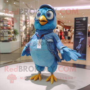 Blue Pigeon mascot costume character dressed with a Mom Jeans and Keychains