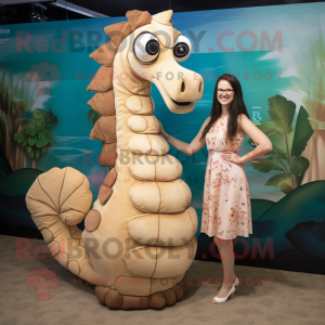 Tan Sea Horse mascot costume character dressed with a Shift Dress and Foot pads