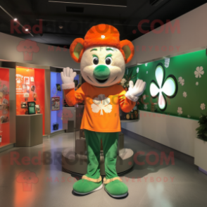 Orange Four Leaf Clover mascot costume character dressed with a Henley Shirt and Watches