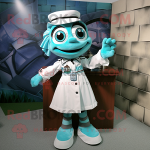 Cyan Doctor mascot costume character dressed with a A-Line Skirt and Tie pins