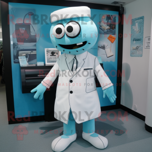 Cyan Doctor mascot costume character dressed with a A-Line Skirt and Tie pins