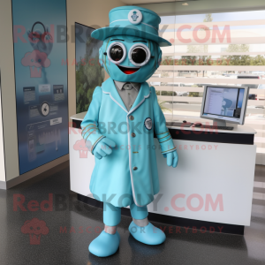 Cyan Doctor mascot costume character dressed with a A-Line Skirt and Tie pins