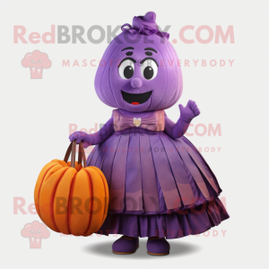 Purple Pumpkin mascot costume character dressed with a Pleated Skirt and Wallets