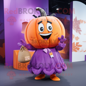 Purple Pumpkin mascot costume character dressed with a Pleated Skirt and Wallets