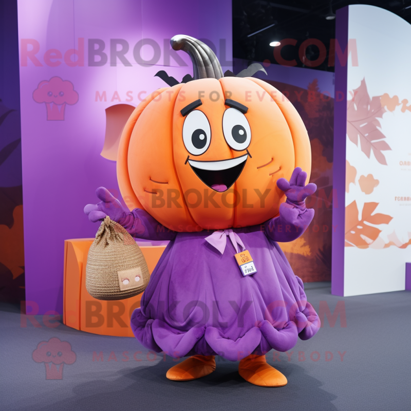 Purple Pumpkin mascot costume character dressed with a Pleated Skirt and Wallets Purple Pumpkin mascot costume character dressed with a Pleated Skirt and Wallets
