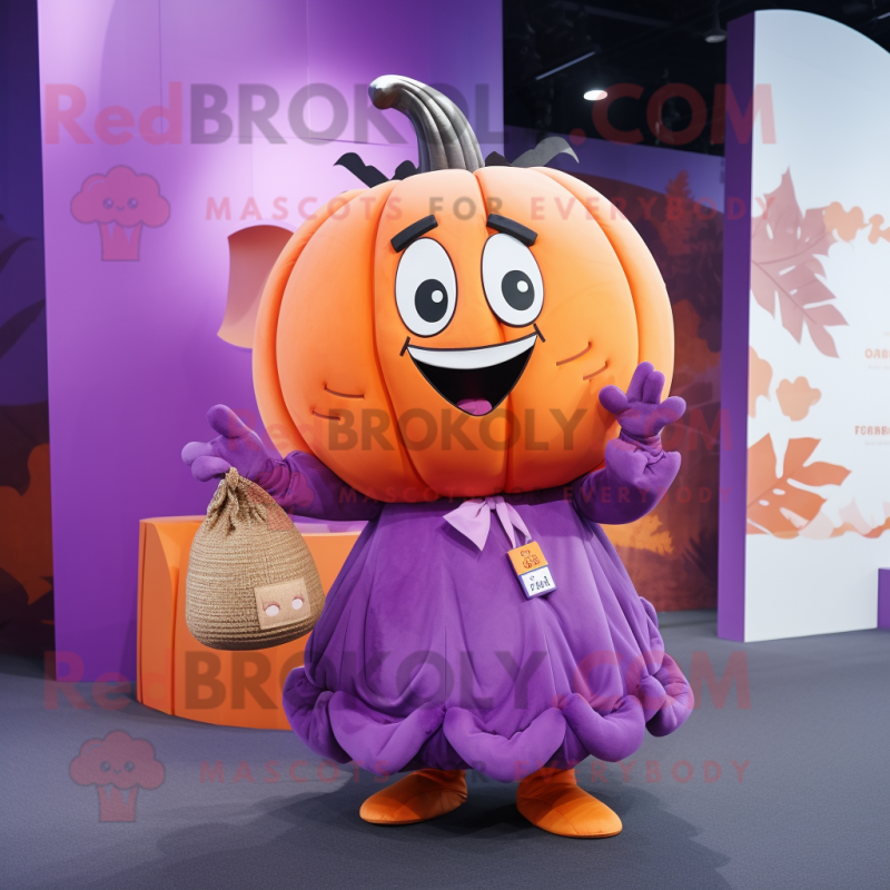 Purple Pumpkin mascot costume character dressed with a Pleated Skirt and Wallets