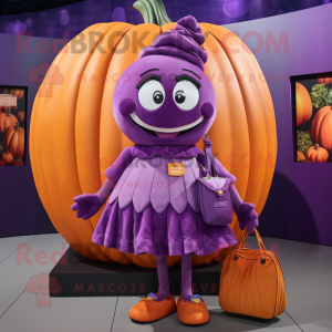 Purple Pumpkin mascot costume character dressed with a Pleated Skirt and Wallets