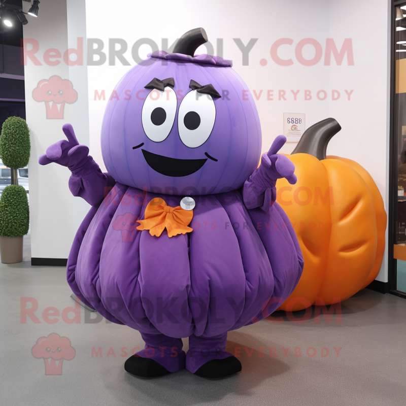 Purple Pumpkin mascot costume character dressed with a Pleated Skirt and Wallets