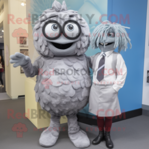 Gray Meatballs mascot costume character dressed with a Shift Dress and Ties