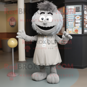 Gray Meatballs mascot costume character dressed with a Shift Dress and Ties