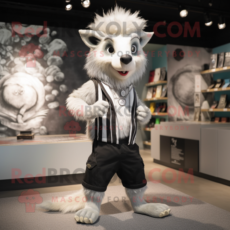 Silver Skunk mascot costume character dressed with a Shorts and Lapel pins Silver Skunk mascot costume character dressed with a Shorts and Lapel pins