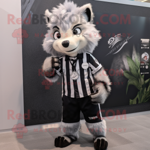 Silver Skunk mascot costume character dressed with a Shorts and Lapel pins