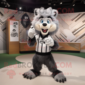 Silver Skunk mascot costume character dressed with a Shorts and Lapel pins