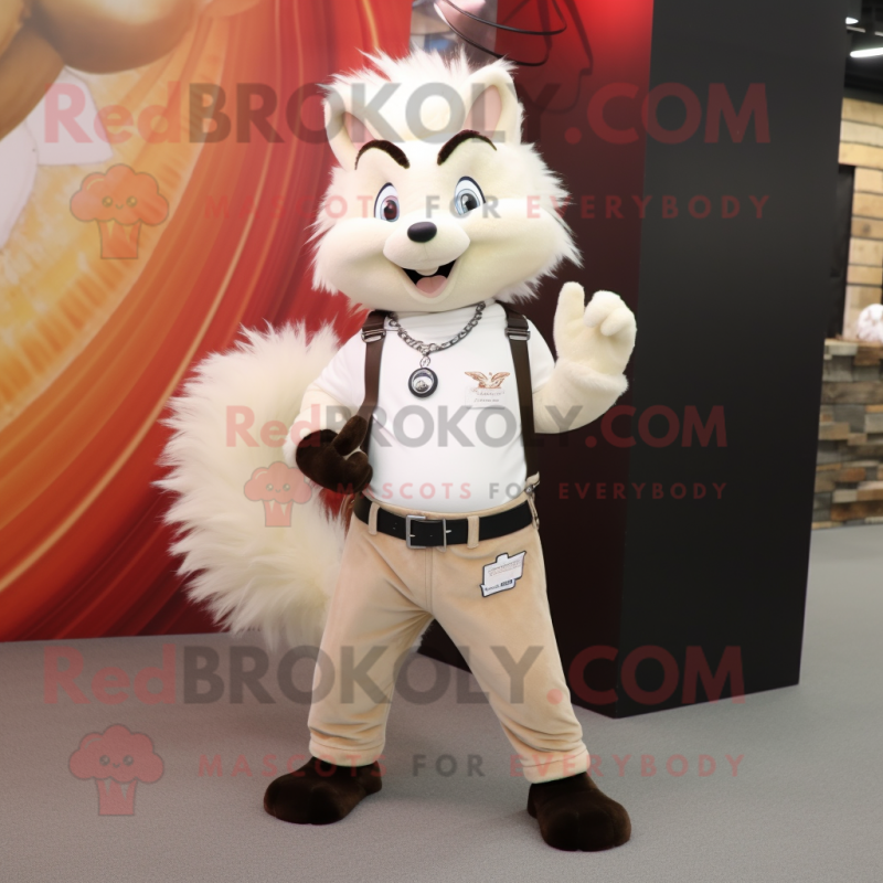 Beige Skunk mascot costume character dressed with a Flare Jeans and Bracelet watches Beige Skunk mascot costume character dressed with a Flare Jeans and Bracelet watches