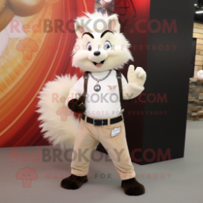 Beige Skunk mascot costume character dressed with a Flare Jeans and Bracelet watches