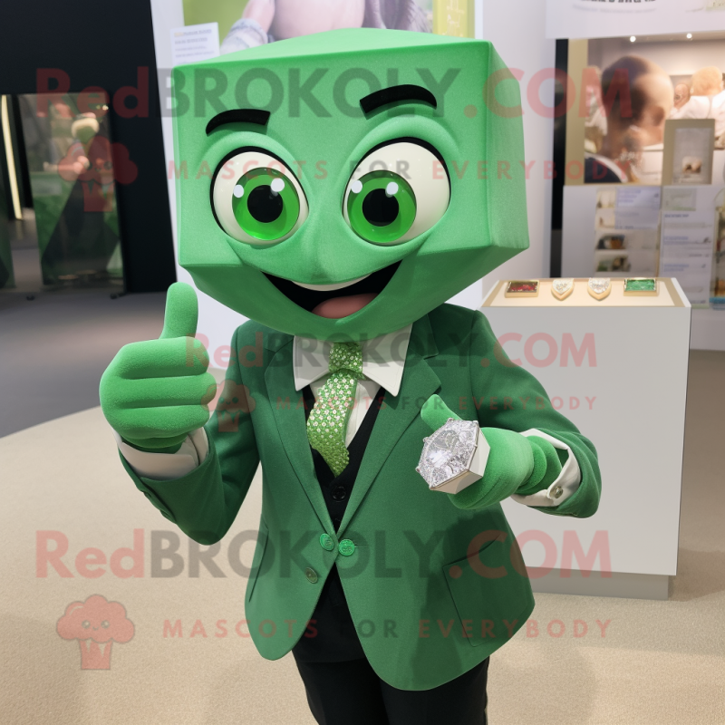 Green Engagement Ring mascot costume character dressed with a Oxford Shirt and Lapel pins Green Engagement Ring mascot costume character dressed with a Oxford Shirt and Lapel pins