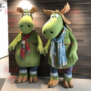 Olive Moose mascot costume character dressed with a Boyfriend Jeans and Shawl pins