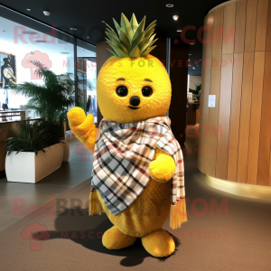 Yellow Pineapple mascot costume character dressed with a Flannel Shirt and Shawl pins