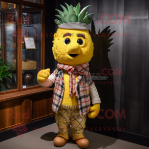 Yellow Pineapple mascot costume character dressed with a Flannel Shirt and Shawl pins