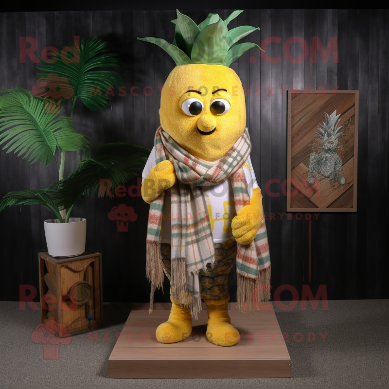 Yellow Pineapple mascot costume character dressed with a Flannel Shirt and Shawl pins