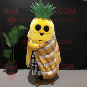 Yellow Pineapple mascot costume character dressed with a Flannel Shirt and Shawl pins