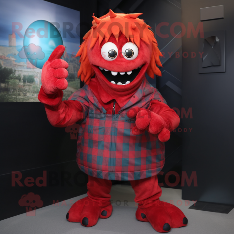 Red Medusa mascot costume character dressed with a Flannel Shirt and Gloves Red Medusa mascot costume character dressed with a Flannel Shirt and Gloves