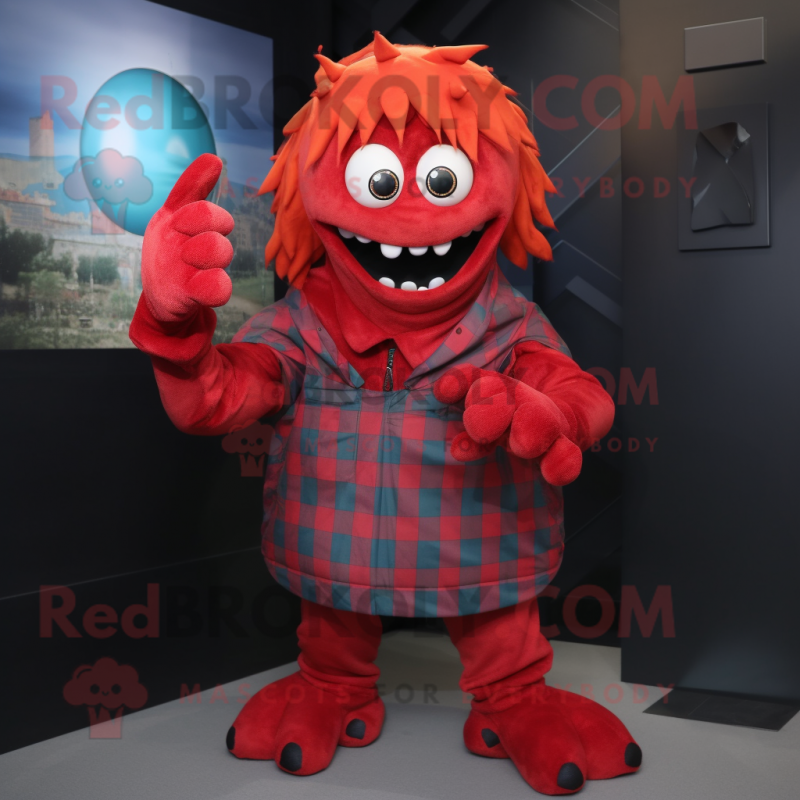 Red Medusa mascot costume character dressed with a Flannel Shirt and Gloves