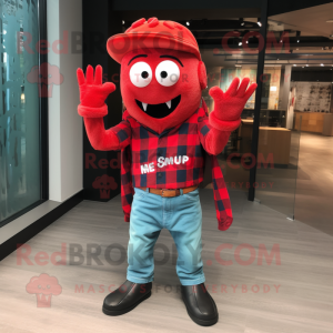 Red Medusa mascot costume character dressed with a Flannel Shirt and Gloves