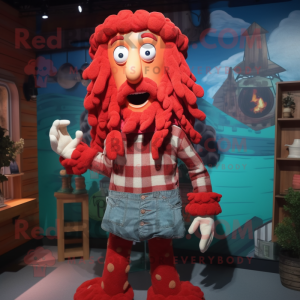 Red Medusa mascot costume character dressed with a Flannel Shirt and Gloves