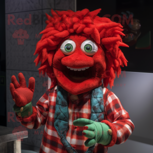 Red Medusa mascot costume character dressed with a Flannel Shirt and Gloves