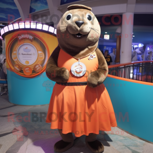 Rust Sea Lion mascot costume character dressed with a Circle Skirt and Lapel pins