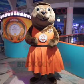 Rust Sea Lion mascot costume character dressed with a Circle Skirt and Lapel pins