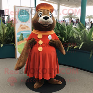 Rust Sea Lion mascot costume character dressed with a Circle Skirt and Lapel pins