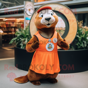 Rust Sea Lion mascot costume character dressed with a Circle Skirt and Lapel pins