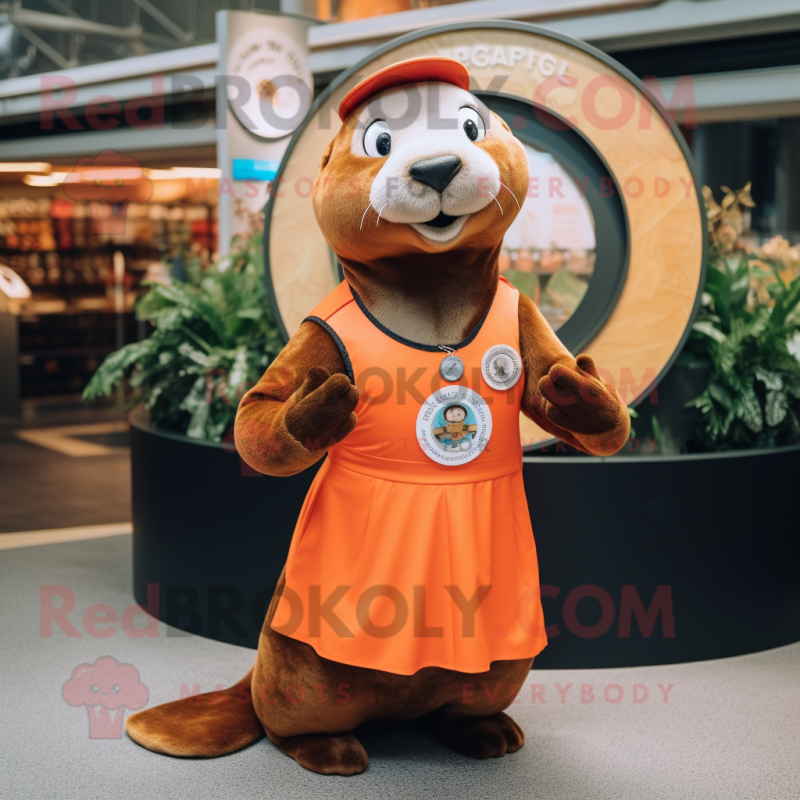 Rust Sea Lion mascot costume character dressed with a Circle Skirt and Lapel pins Rust Sea Lion mascot costume character dressed with a Circle Skirt and Lapel pins